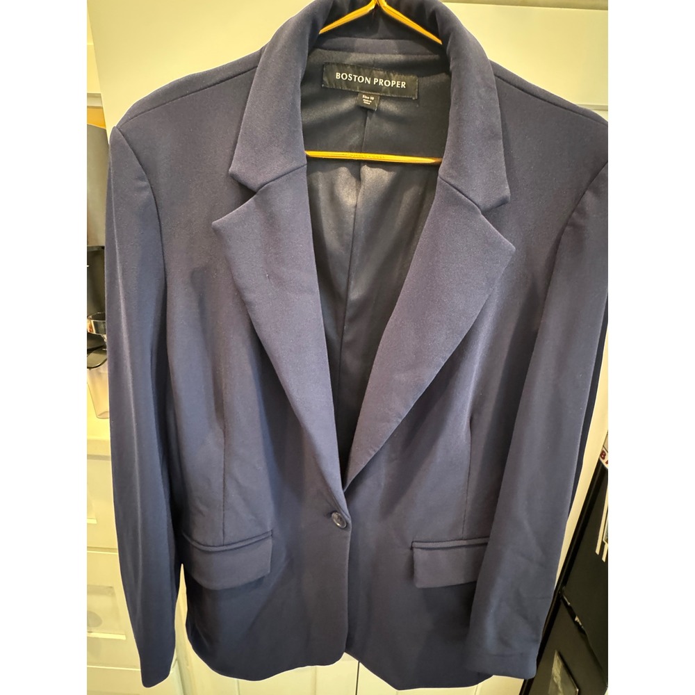 Boston Proper Navy Blue Single Button Stretch Blazer Jacket Womens Size 18